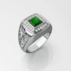 18 kt white gold ring with emerald 7 mm lab created o natural beautiful green garden color with natural diamonds ct 0.44 color g clarity vvs elegant man-unisex line worked in detail even on the inside of the ring created in the high jewelery laboratories of Rome from experienced goldsmiths perfect jewel for a gift --- birthday - anniversary unique jewel in contrast with emerald stones and luminous diamonds will be observed by all in its beauty specify your personal size after purchase shipping w Emerald Ring For Men, Grooms Ring, Groom Ring, Smaragd Ring, Green Emerald Ring, Mens Rings, Unusual Rings, Jewelry Men, Lab Created Emerald