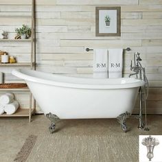 a white bath tub sitting on top of a rug next to a shelf filled with towels