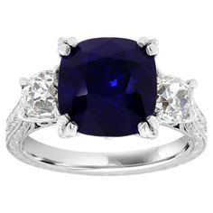 Platinum Antique Cushion Blue Sapphire and Old Mine Cut Diamond Ring GIA 5.66 CT. For Sale at 1stDibs Antique Cushion, Gia Certificate, Estate Ring, Old Mine Cut Diamond, Estate Rings, Sapphire Engagement Ring Blue, Rings Rings, Golden Ring, Detailed Ring