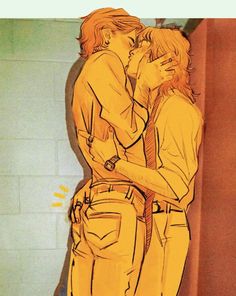 a drawing of two people kissing each other in front of a wall with graffiti on it