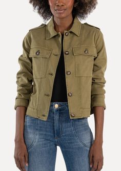 Elevate your casual look with the effortlessly cool Rosalyn Trucker Jacket in Olive. Featuring classic details like front flap pockets and button cuffs, this jacket is a versatile piece that effortlessly transitions from day to night, and work to weekend. Chic Collared Utility Jacket With Flap Pockets, Fitted Collared Utility Jacket With Flap Pockets, Fitted Utility Jacket With Flap Pockets And Collared Shape, Utility Blazer With Pockets And Collar, Fitted Cropped Jacket With Flap Pockets And Collar, Fitted Collared Cropped Jacket With Flap Pockets, Chic Utility Jacket With Flap Pockets For Workwear, Fitted Cropped Jacket With Lapel Collar And Flap Pockets, Utility Blazer With Collared Shape And Pockets