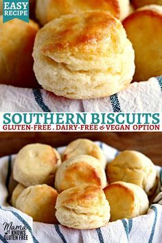 some biscuits are sitting in a basket on a table with the words southern biscuits gluten free, dairy - free and vegan option