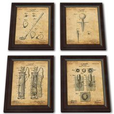 four framed artwork pieces depicting golf equipment