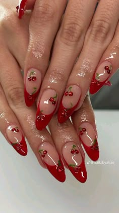 Cherry French Tip Nails, Cherry French Tip, Nailart Red, Quartz Nails, Chic Nail Art, Cherry Nails, Spring Nail Designs, Red Nail, Tip Nails