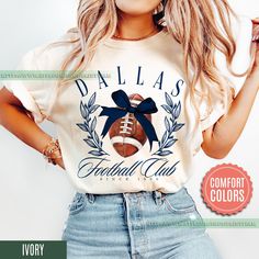 Dallas Football Coquette Bow Comfort Colors T-Shirt,Dallas Football Shirt,Cowboy T-Shirt,Dallas Shirt,Football Shirt,Dallas Fans FCB1 ⭐𝐐𝐔𝐀𝐋𝐈𝐓𝐘: At Printy Fam, we take pride in using only the finest materials for our apparel. Our sweatshirts and tees feature high-quality ink, delivering vibrant and long-lasting prints. Once you experience our comfort and style, you'll never look back! ► PRODUCTION & SHIPPING * Production time: 3-5 business days * Shipping time (US): 2-5 business days **This timeline may be subject to change due to order volume. Please check our shop's Announcement section for the most up-to-date information on production and shipping times. ► HOW TO ORDER 1. Browse through the photos to check available sizes and color options. 2. Choose your preferred size and color Dallas Cowboys Women Shirt, Dallas Cowboys Game Day Outfit, Dallas Cowboys Women, Oversized T Shirt Dress, Shirt Football, Never Look Back, Game Day Shirts, Football Outfits, Coquette Bow