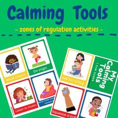 two cards with the words calming tools and pictures of children in them on them