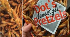 two pictures one with pretzels in it and the other has a sign that says dot's homestyle pretzels