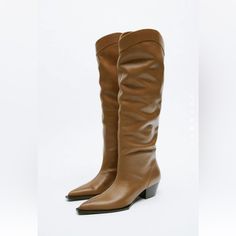 $179 Zara Knee High Leather Boots In Rich Brown Color. Subtle Western / Cowboy Styling. Super On-Trend For The Season With Mini Or Midi Dresses Or Even Over Jeans Love Love Love These Boots But They’ve Always Been A Bit Small For Me. Zara Size 39, Should Fit A Size 8 Best. Elegant Brown Heeled Boots By Zara, Brown Pointed Toe Knee-high Boots For Spring, Zara Elegant Flat Heel Boots, Classic Brown Heeled Boots For Spring, Zara Brown Boots For Spring, Zara Pointed Toe Leather Knee-high Boots, Zara Leather Knee-high Boots With Pointed Toe, Spring Leather Knee-high Boots With Low Heel, Leather Low Heel Knee-high Boots For Spring