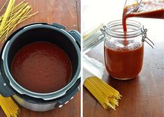 two pictures side by side one with pasta and the other with sauce in it on a wooden table