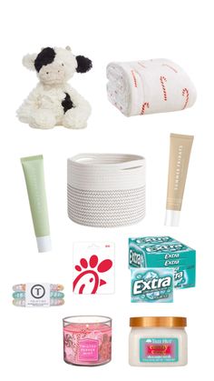 an assortment of personal care items including a teddy bear