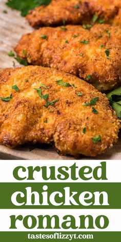 some fried chicken is on a plate with lettuce and parsley next to it