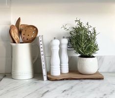 some kitchen utensils are sitting on a counter next to a potted plant