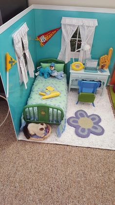 a small child's room with a bed and toys