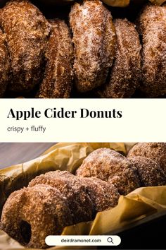 apple cider donuts are piled on top of each other