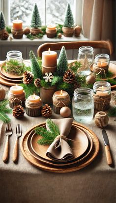 the table is set with pine cones and candles