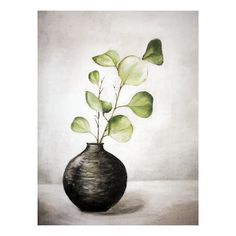 a painting of a black vase with green leaves in it on a white background,