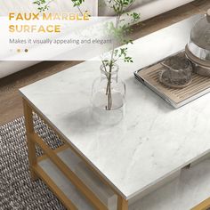 a white marble coffee table with a vase on top and a plant in the middle