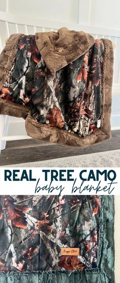 the real tree camo blanket is shown in three different colors and sizes, with text overlaying it that reads real tree camo