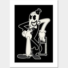 a black and white drawing of a cartoon character holding a wrench in his right hand