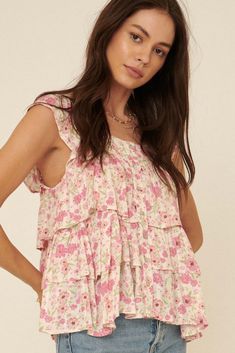 Flower Power Floral Tiered Ruffle Babydoll Top - ShopPromesa Flower Ruffle Top, Flowy Babydoll Top, Cute Tops Modest, Spain Lookbook, Vanilla Outfits, Spain Outfit Ideas, Babydoll Tops, Spain Outfit, Spring Blouse