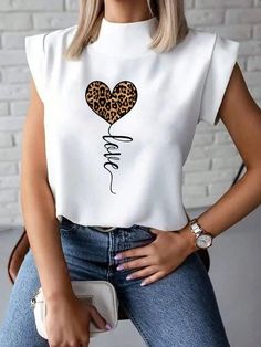 Women's Lettered Heart Print Leopard Stand Collar T-Shirt Graphic Cheetah Print Tees Women Tops White Casual  Short Sleeve Fabric Heart,Leopard Print,Letter  Medium Stretch  Women Clothing, size features are:Bust: ,Length: ,Sleeve Length: Love Tshirt Designs, Cute Shirt Designs Vinyl, Women Tshirt Design, Ladies T Shirt Design, Printed Tee Women, Heart Leopard, Collar T Shirt, Fabric Heart, Cute Shirt Designs