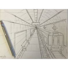 a pencil drawing of a subway train coming down the tracks and going up to the platform