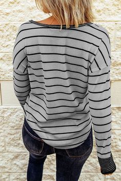 Gray Striped Color Block Buttoned Waffle Knit Shirt Waffle Knit Shirt, Autumn Sleeve, Wholesale Shirts, Henley Top, Knit Shirt, Henley Shirts, Sleeves Pattern, Olivia Mark, Waffle Knit