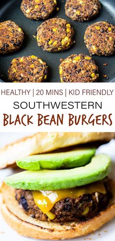 an image of black bean burgers with avocado on top and the title above it