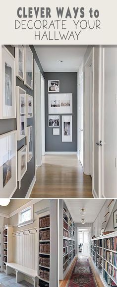 the hallway is decorated in white and has many bookshelves with pictures on them