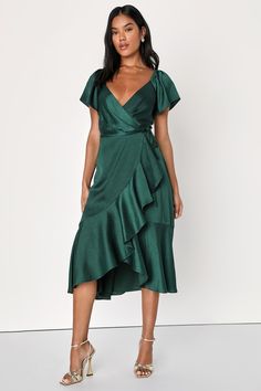 Serene Sight Emerald Green Midi Wrap Dress Fall Cocktail Dress, Green Wrap Dress, Wrap Dress Midi, Dress Attire