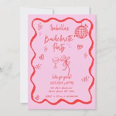 a pink bachelor party card with red ink