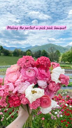 a bouquet of pink and white flowers in someone's hand with the words, making the perfect - pick pink bouquet