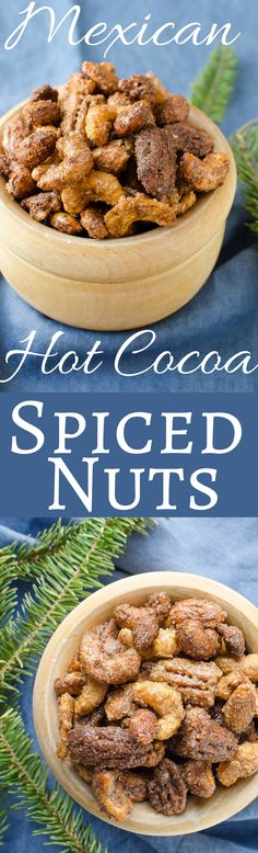 mexican hot cocoa spiced nuts in a wooden bowl on a blue background with pine branches