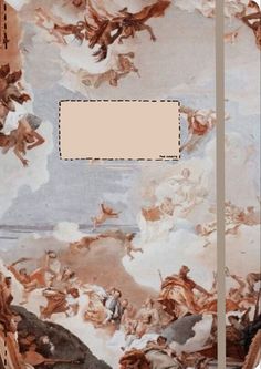 an old book with paintings on it and a blank page in the middle for text