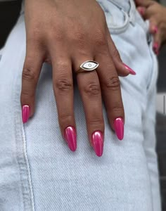 Pink Crome Nails Almond, Crome Nails Almond, Acrylic Nail Spring, Hot Pink Nail, March Nail, Nail Spring, Pink Tip Nails, Hoco Nails, Pink Chrome Nails