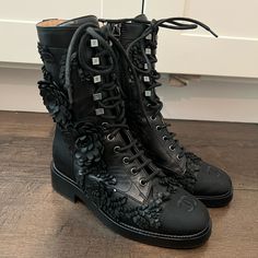 These Are Incredibly Crafted Chanel Boots, Brand New With Box But It Only Came With One Duster. Feel Free To Ask Questions! Size 35. Impossible To Get! Chanel Ankle Boots 2022, Designer Embellished Black Boots, Designer Embellished Round Toe Boots, Chanel Winter Boots, Sherling Boots, Chanel Winter, Chanel Girl, Ankle Lace Up Boots, Suede Combat Boots