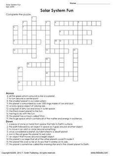 a crossword puzzle with the words solar system fun on it's front page