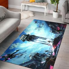 a living room area rug with an image of spaceships in the sky on it