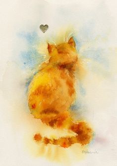 a watercolor painting of a cat with a heart on it's back paws