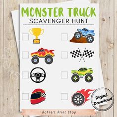 a printable monster truck scavenger hunt for kids to practice their motor skills