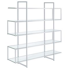 a white shelf with glass shelves on each side and metal bars at the bottom, against a white background