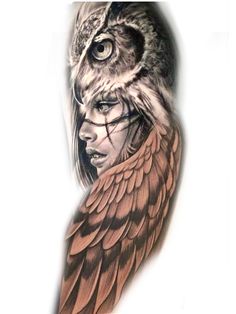 an owl with a woman's face and wings on her head is shown in this tattoo