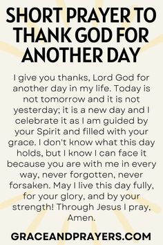 a prayer card with the words, short prayer to thank god for another day