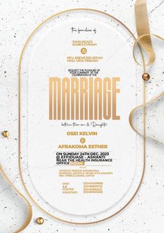 a white and gold wedding card with the word marriage on it, surrounded by confetti