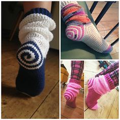 four pictures of socks with different designs on them and one has a spiral design in the middle