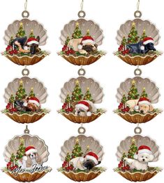 six christmas ornaments with dogs laying on them and a tree in the middle one has a santa hat