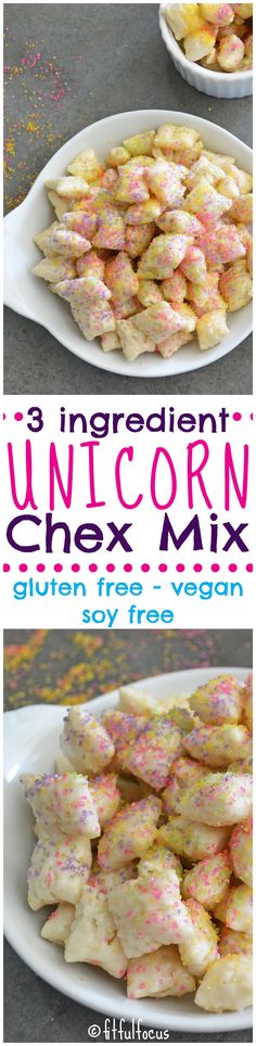 the ingredients for unicorn chex mix are displayed on plates