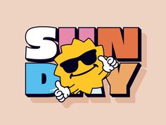 an image of sun day with sunglasses on and pointing to the side, in front of a pink background