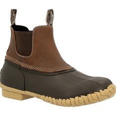 Our Marshland unisex Chelsea duck boot is a perfect chore boot or an everyday casual boot.   The upper is made from our premium SPRâ¢ barnyard proof leather. Stronger than conventional leathers, SPRâ¢ leather resists many caustic acids and alkali commonly found in barnyard and pasture environments. Nylon pull loops and gore panels allow for an easy on and secure fit.The interior on this 6â duck boot is lined in a mesh material infused with cooling fibers to keep your feet comfortable. The co Half Shoes, Georgia Boots, Tactical Shoes, Duck Boot, Duck Boots, Rubber Heels, Retro Outfits, Casual Boots, Brown Boots