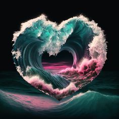 a heart - shaped wave in the ocean with pink and blue waves coming out of it